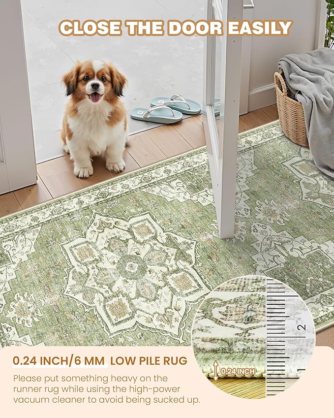Runner Rug 2x8 Runners for Hallways Non Slip Washable, Vintage Hallway Runner Rugs for Living Room, Low Pile Soft Hallway Rug for Kitchen Bedroom Laundry Room Rug(Light Green,2'x8')
