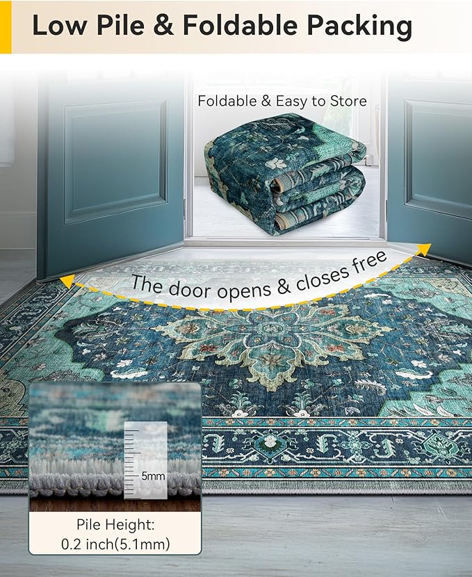 Area Rugs 7'x9' Washable Non-Slip, Floral Vintage Distress Print Pattern Medallion Carpet for Living Room Bedroom Dining Room, Teal Green Lake Blue Turquoise