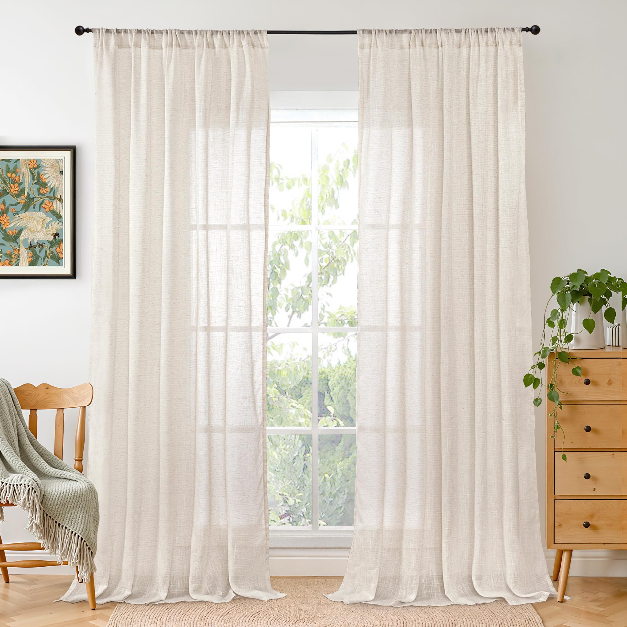 BGment Long Linen Curtains 102 Inch Length for Living Room, Oatmeal Window Drapes for Bedroom Farmhosue Decor with Rod Pocket Leightweight Rustic Country Textured, 2 Panels Set, Each 52 Inch Wide