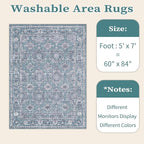 SERISSA Boho Area Rug 5x7 Blue Grey, Washable Large Rugs for Living Room, Ultra Soft Non-Slip Bedroom Rug Print Distressed Vintage Floral Carpet Rug for Dining Room Dorm Office Home Decor