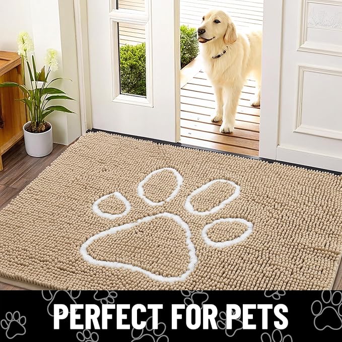Smiry Dog Door Mat for Muddy Paws, Absorbent Dirt Trapper Non Slip Quick Dry Washable Chenille Mat for Mud Dogs, Entry Rug for Indoor and Outdoor (48x30 Inches, Beige and White)