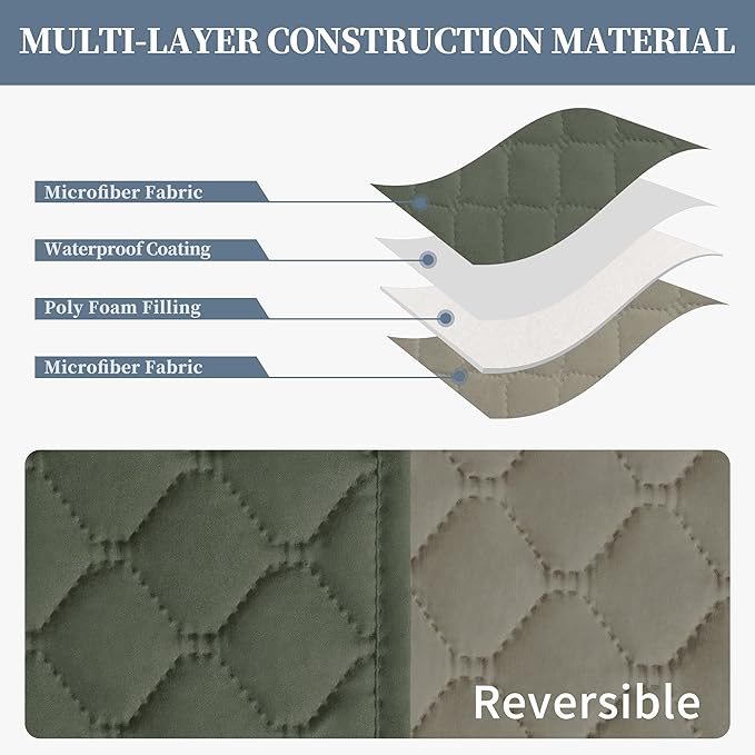 ISSUNTEX Double Protection 100% Waterproof Sofa Covers for Living Room, Couch Covers for 3 Cushion Couch Sofa, Reversible Furniture Protector Sofa Cover for Dogs (Oversized Sofa, Greyish Green/Beige)