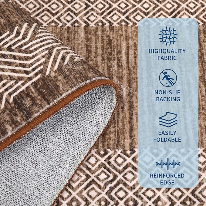 GarveeHome Small Bedroom Area Rug 3x5 Bordered Area Rug for Living Room Nursery Non Slip Kitchen Throw Carpet Low Pile Modern Rugs Washable Bathroom Mat Soft Brown Rugs for Laundry, Dark Brown