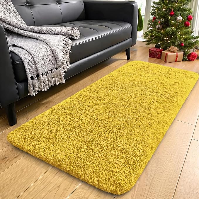 OLANLY 2x8 Machine Washable Runner Rugs for Hallway, Soft Fluffy Shaggy Bedside Rugs for Bedroom, Living Room, Indoor Floor Carpet for Kids Girls and Boys, Nursery Rooms, Home Decor Aesthetic, Yellow