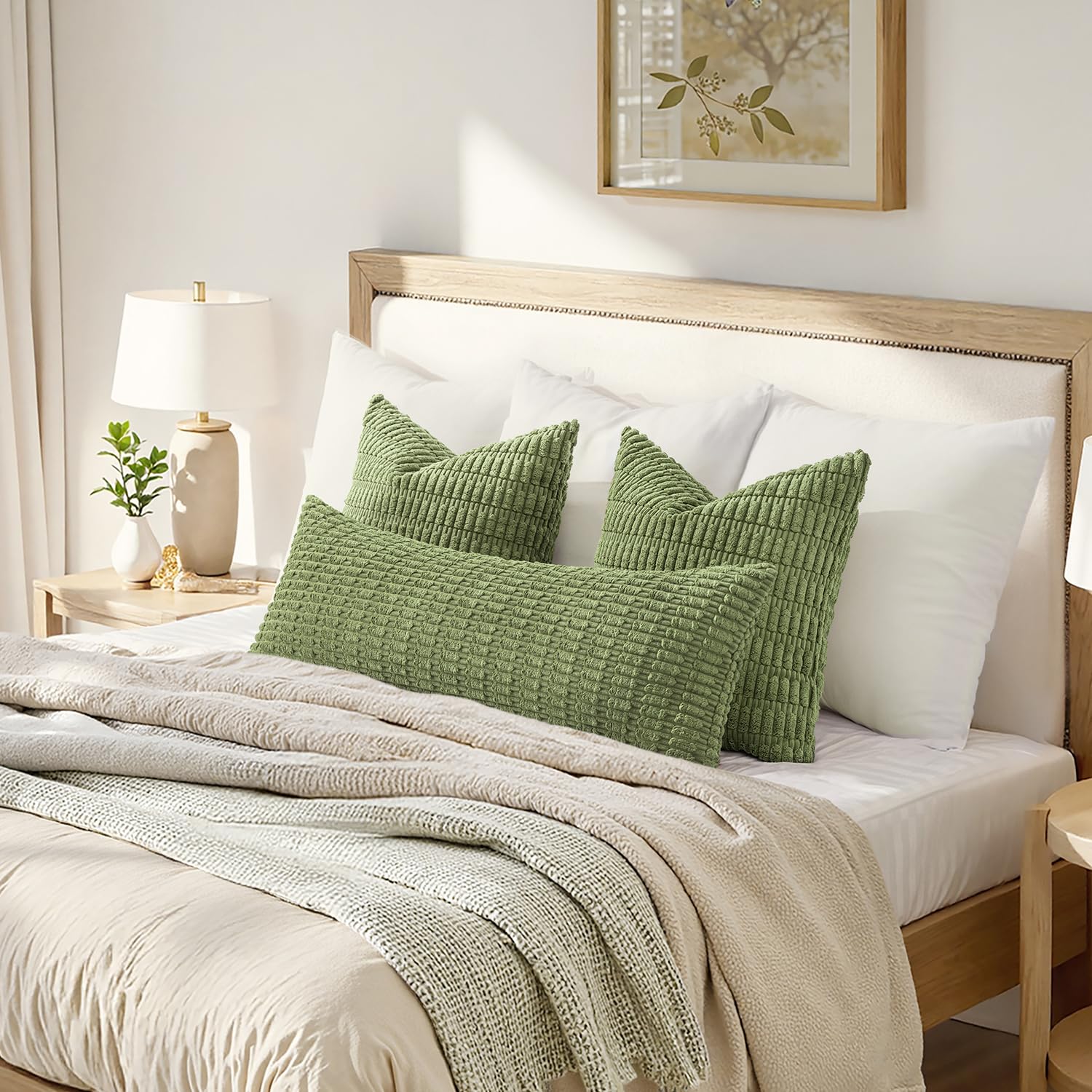 MIULEE Lumbar Corduroy Throw Pillow Cover for Bed 14x36 Beige Pack of 1