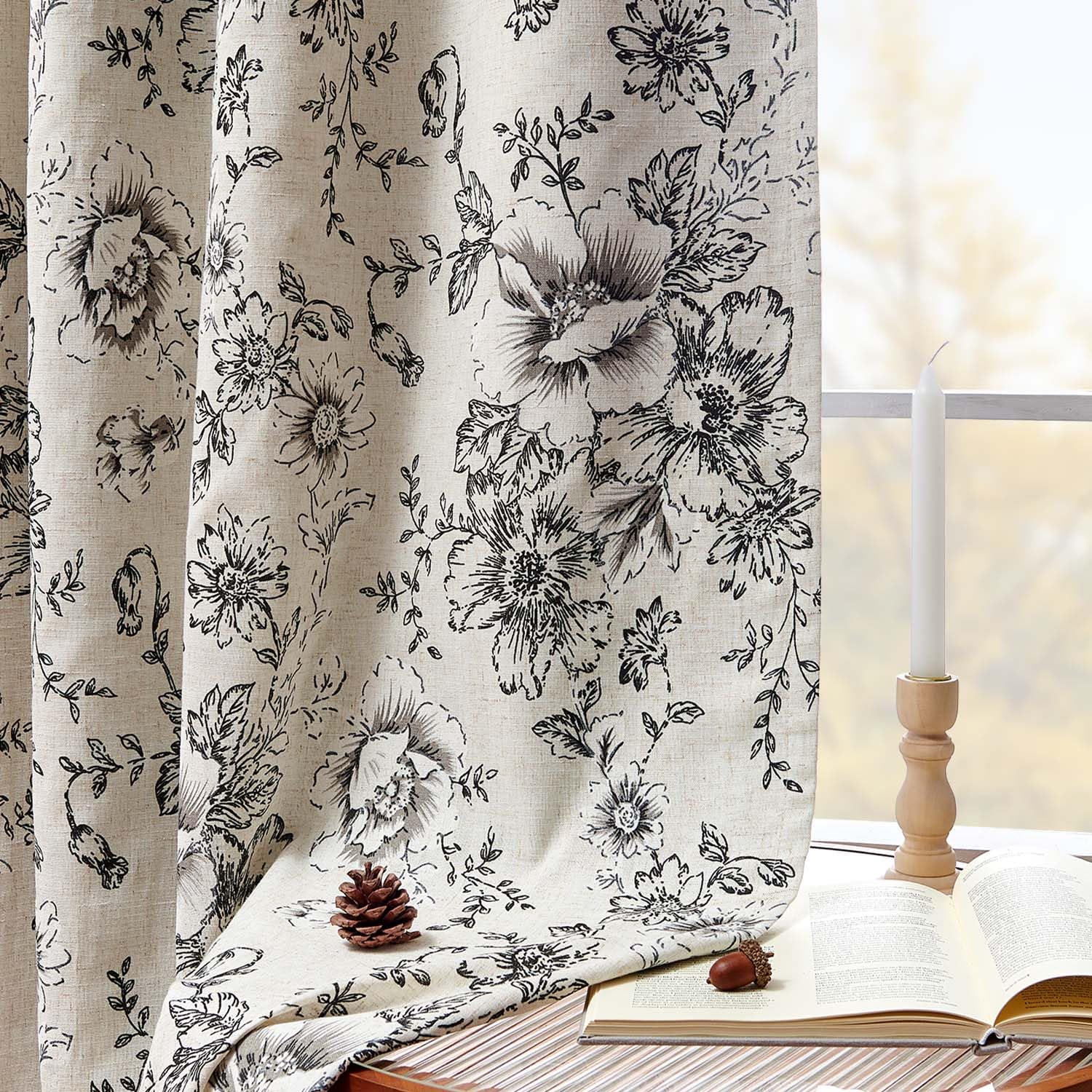 jinchan Black Floral Linen Blackout Curtains 72 Inch Back Tab 2 Panels
