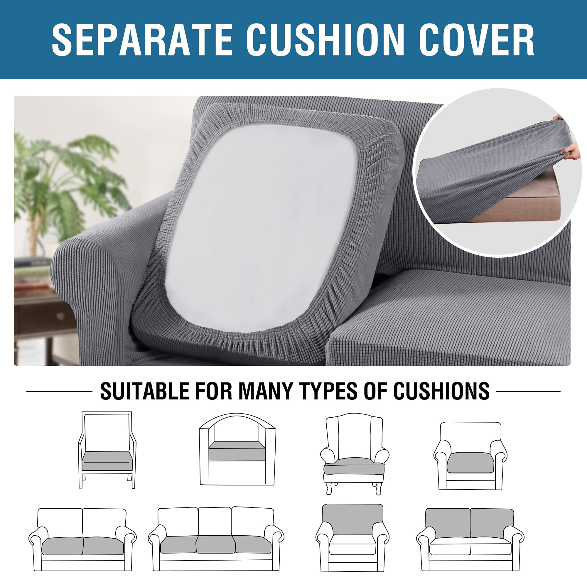 H.VERSAILTEX 3 Piece Stretch Sofa Covers for 2 Cushion Loveseat Couch Covers for Living Room Sofa Slipcovers (Base Cover Plus 2 Seat Cushion Covers) Thicker Jacquard Fabric(Medium Sofa, Dove)