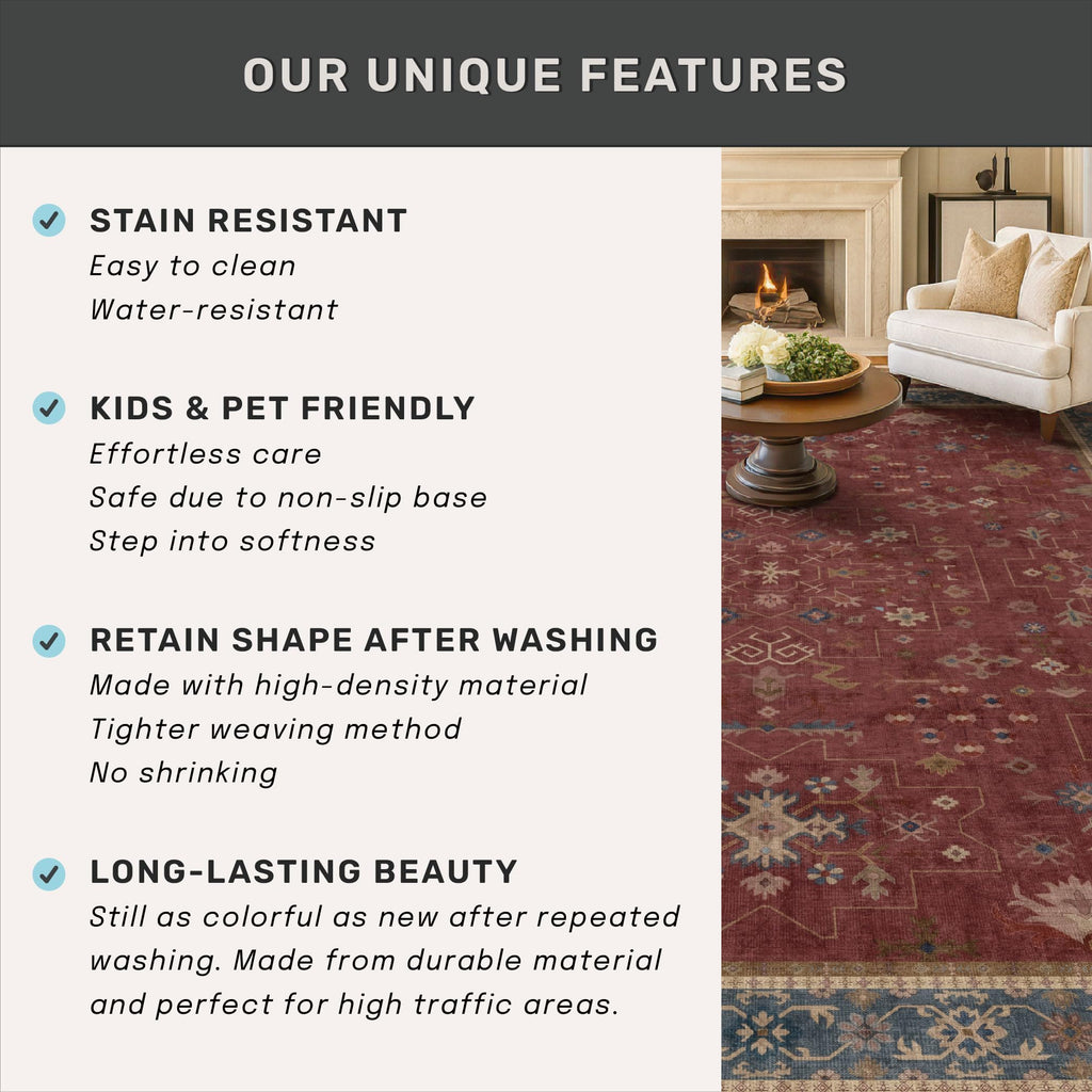 Washable 3x6 Entry Way Rugs Indoor - Burgundy Large Kitchen Rug, Non Slip Unique Bohemian Red Low Pile Thin Carpet for Bedroom Bedside, Foyer