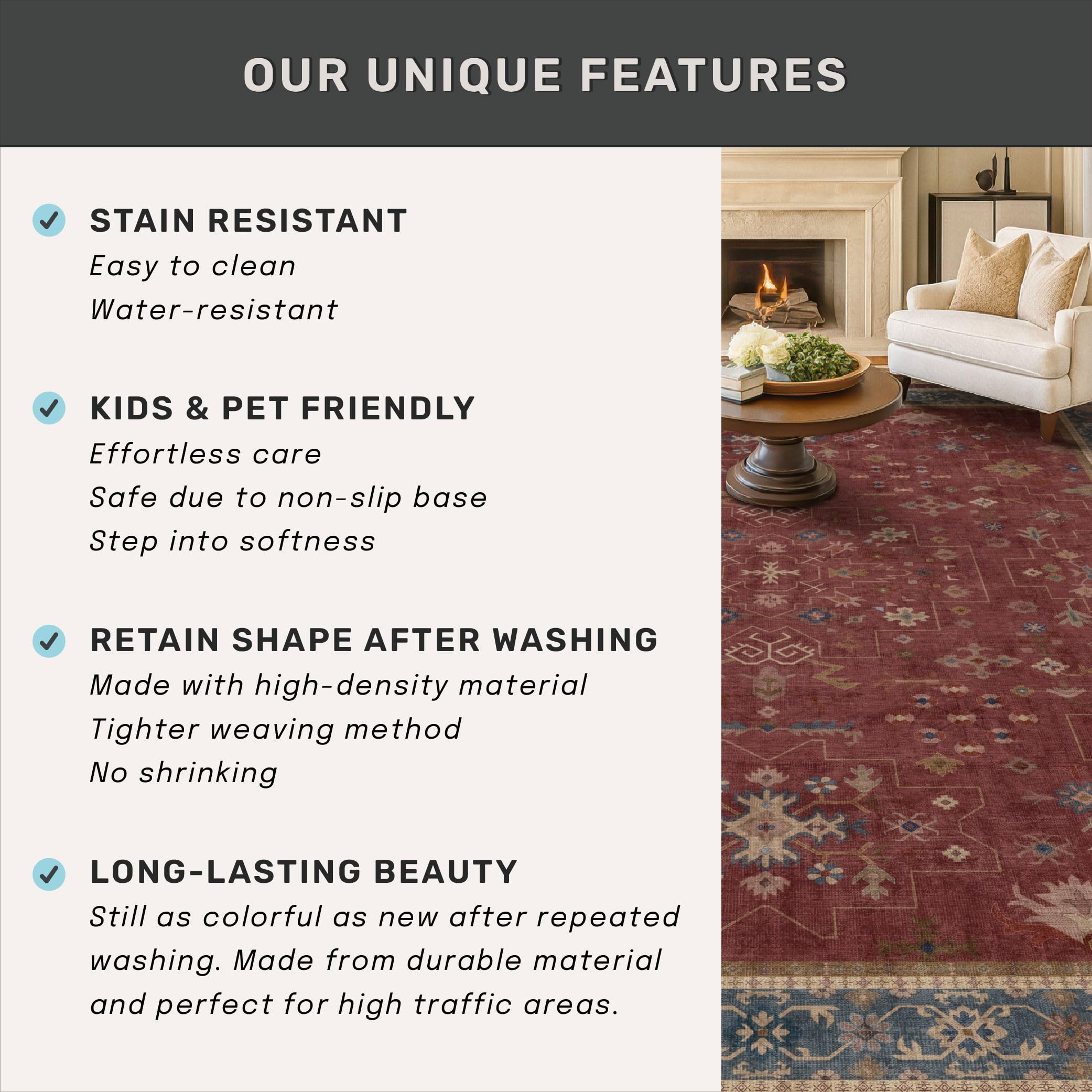 Washable 3x6 Entry Way Rugs Indoor - Burgundy Large Kitchen Rug, Non Slip Unique Bohemian Red Low Pile Thin Carpet for Bedroom Bedside, Foyer