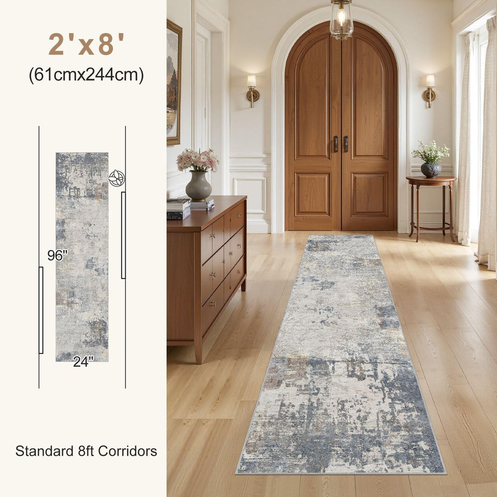 UERMEI 2x8 Washable Runner Rug for Hallway, Non Slip Low Pile Kitchen Carpet, Neutral Modern Abstract Indoor Floor Mat for Entryway Laundry, Kid & Pet Safe High Traffic Area, Blue Grey