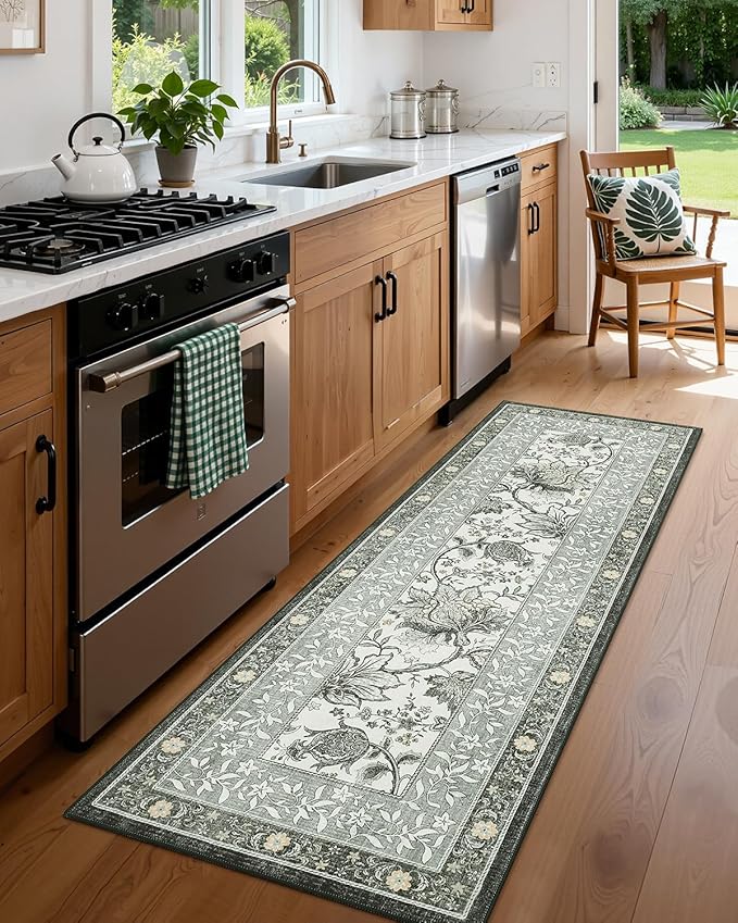 GarveeHome Provence Fog 2.5 x 8 Washable Kitchen Runner Rugs Non Slip Vintage Boho Cottage Long Rug for Hallways Bedroom Entryway Bathroom Mat with Rubber Back