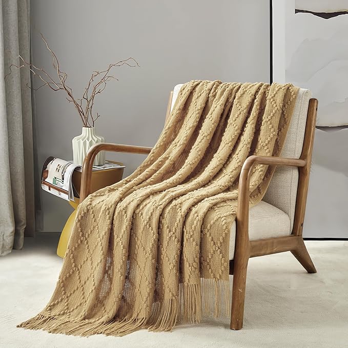 BOURINA Mustard Throw Blanket 50 x70 Inch Jacquard Throw Knitted Blanket