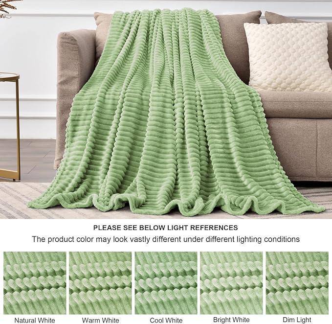 BEDELITE Fleece Throw Blanket for Couch – 3D Ribbed Jacquard Soft and Warm Decorative Fuzzy Blanket – Cozy, Fluffy, Plush Lightweight Sage Green Throw Blankets for Bed, Sofa, 50x60 inches