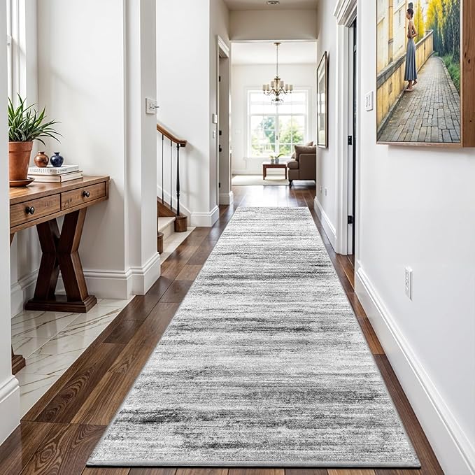 2x12 Washable Runner Rugs for Hallway: Long Abstract Runners for Entryway Dining Room Office - Stain and Water Resistant Rugs with Non-Slip Backing - Soft Low-Pile Carpet Grey