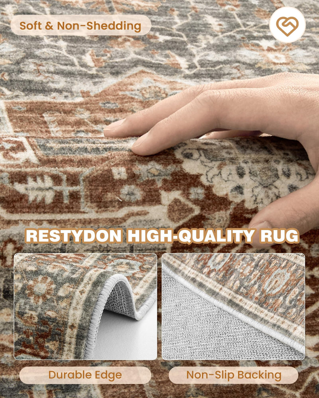 Restydon Runner Rug 2x6, Non Slip Washable Rugs for Hallways,Grey/Brown/Tan