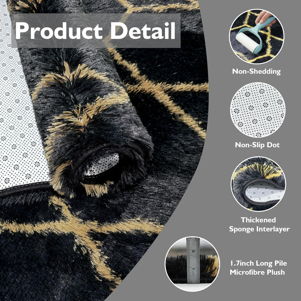 8x10 Fluffy Area Rugs for Living Room Bedroom,Black and Gold Shag Rug