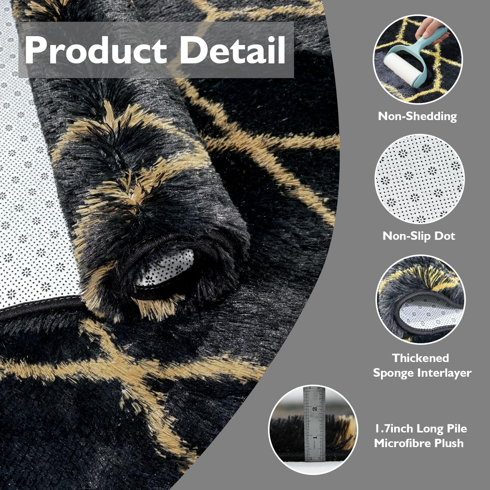 8x10 Fluffy Area Rugs for Living Room Bedroom,Black and Gold Shag Rug