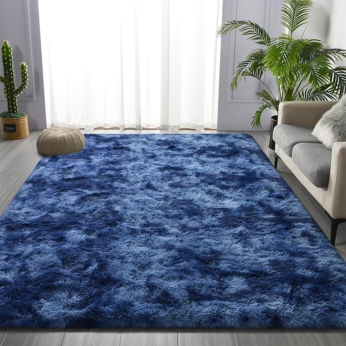 Deerhoo Large Shag Area Rugs 6 x 9, Tie-Dyed Plush Fuzzy Rugs, Navy Blue