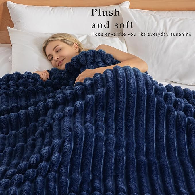 Exclusivo Mezcla Twin Size Flannel Fleece Blanket, Super Soft Striped Jacquard Bed Blanket, Lightweight Fuzzy Cozy for All Seasons, 60x80 Inches, Navy Blue
