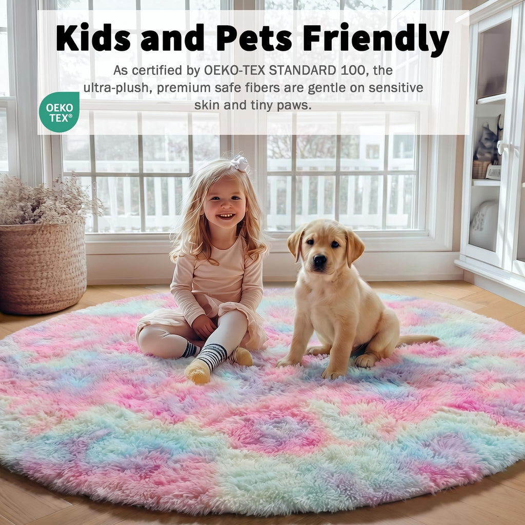 ONASAR Rainbow Round Area Rug 4ft, Soft Bedroom Circle Rugs Mats for Kids Girls Teen Room, Kawaii Fluffy Plush Shaggy Carpet for Baby Nursery Living Room Playroom Home Decor Princess Castle