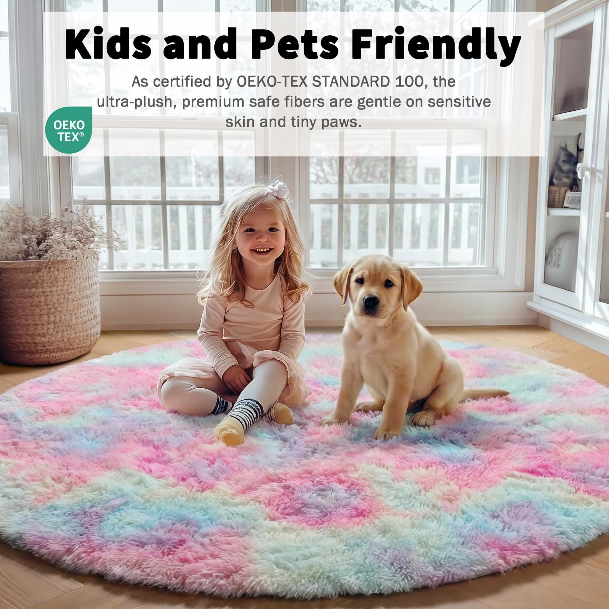 ONASAR Rainbow Round Area Rug 4ft, Soft Bedroom Circle Rugs Mats for Kids Girls Teen Room, Kawaii Fluffy Plush Shaggy Carpet for Baby Nursery Living Room Playroom Home Decor Princess Castle