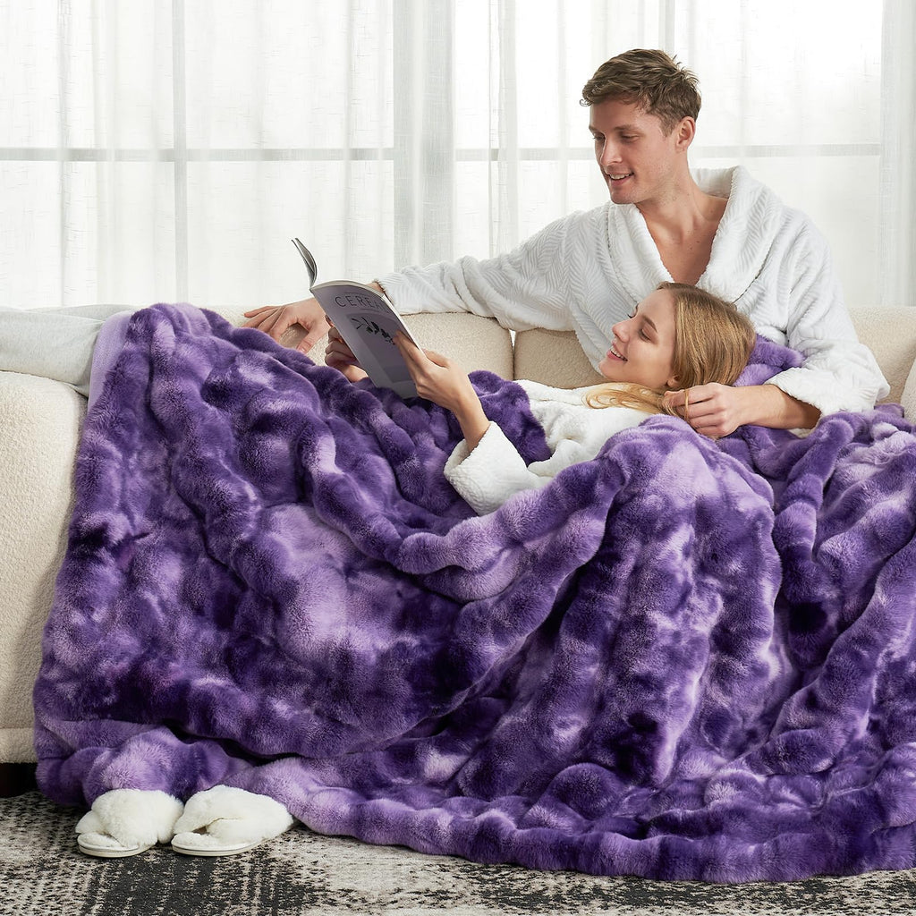 Cozy Bliss Faux Fur Throw Blanket for Couch, Fuzzy Soft Plush Thick Bubble Blanket for Sofa Bedroom Living Room, 60 * 80 Inches Tie-dye Purple