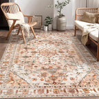 SERISSA 4x6 Boho Bedroom Rug, Washable Non Slip Vintage Peach Cream Area Rugs, Ultra Soft Print Distressed Tribal Entry Rug Low-Pile Throw Carpet for Nursery Dorm Kitchen Living Room Decor