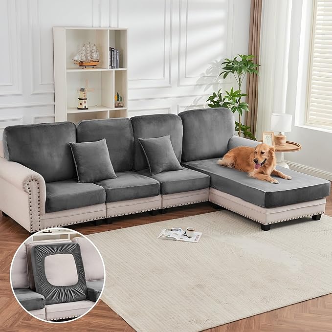 Couch Cover 3-Piece Elastic Velvet Couch Cushion Covers & Chaise Slipcovers for L-Shaped Sofas - Sofa Seat Covers Washable, Soft Protector for Couches (2 Seater + Chaise, Grey)
