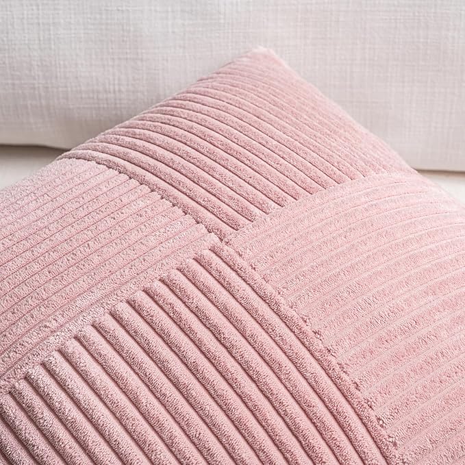 Fancy Homi 2 Packs Blush Pink Euro Decorative Throw Pillow Covers 26x26 Inch for Couch Bed Bedroom, Farmhouse Boho Home Decor, Soft Corss Corduroy Patchwork Textured Square Cushion Case 66x66 cm