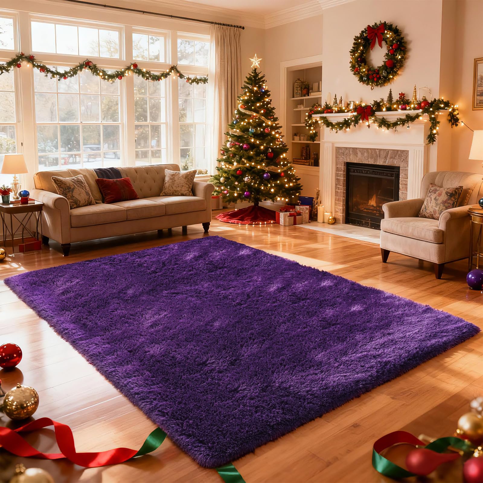 9X12 Large Shag Area Rugs for Living Room Bedroom,Big Soft Purple Fluffy Rug for Bedroom Dorm,Indoor Carpet Plush Rugs for Living Room Home Decor,Purple