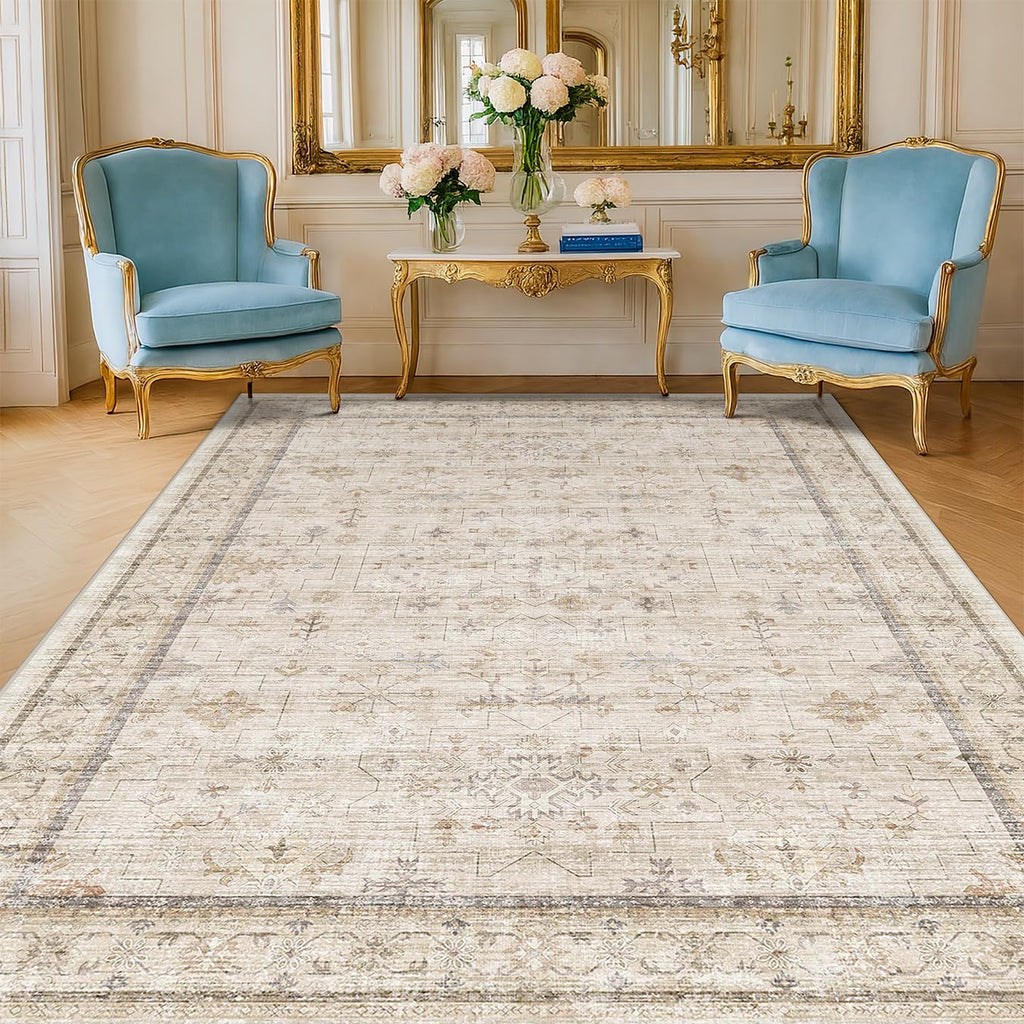 Farmhouse 6x8 Area Rug for Living Room, Beige Cream Large Rug for Bedroom, Dining Room & Home Office, Soft Modern Carpet for Neutral Home Decor, Non-Slip Washable Floor Rug for High-Traffic Areas