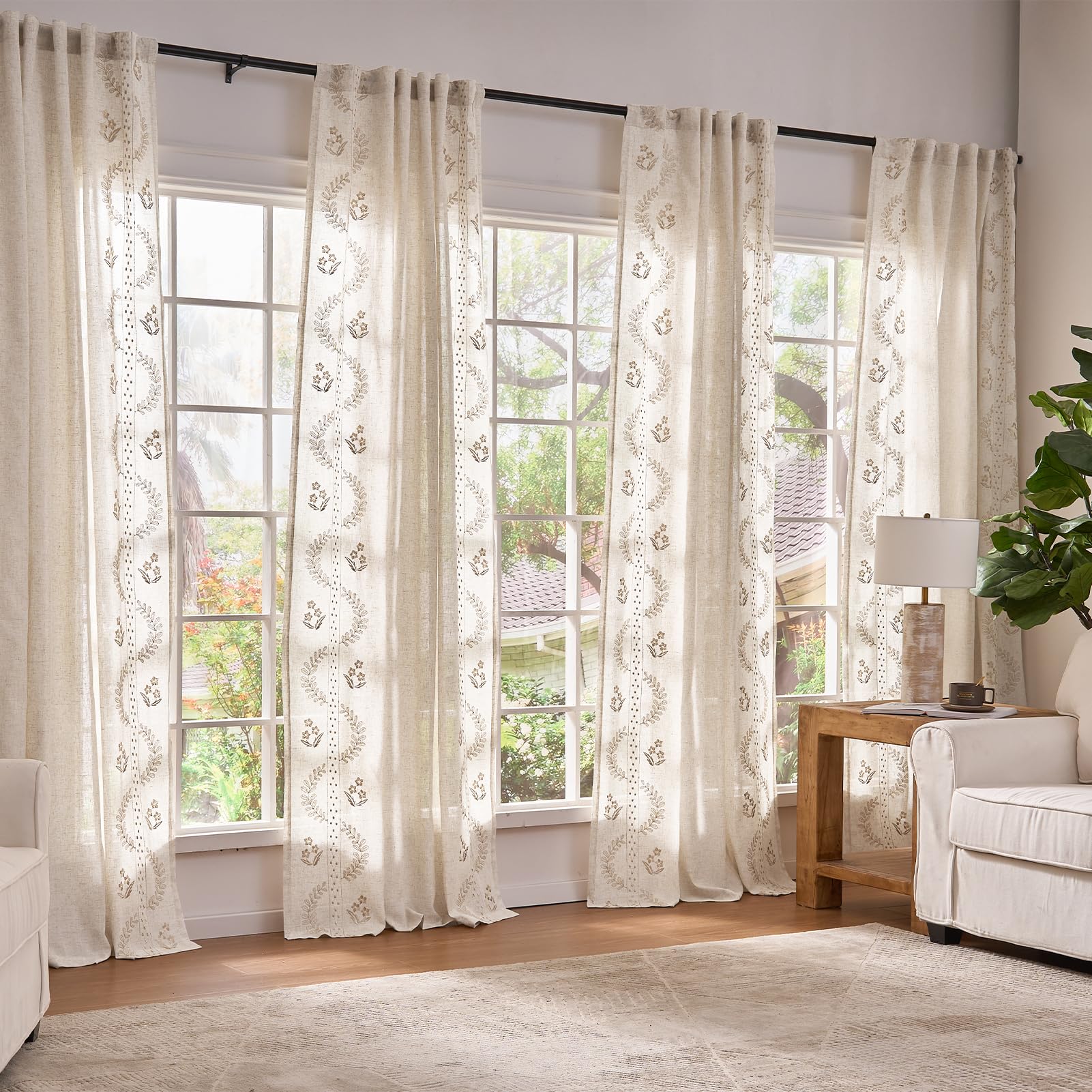 jinchan Floral Linen Curtains 84 Inch Farmhouse Back Tab 2 Panels