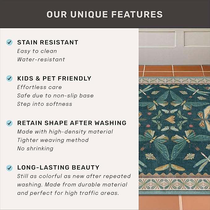 Insect Boho 7X9 Washable Living Room Rug - Bugs, Butterfly, Bees,Soft Area Rugs for Bedroom, Dining Room Under Table, Home Office with Butterfly Design, Stain Resistant Carpet (Green)