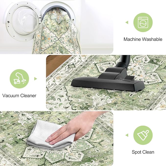 Yamaziot Washable Runner Rug, 2x8 Non-Slip Boho Vintage Hallway Rug Runner with Rubber Backing, Stain Resistant & Low Pile Faux Wool Distressed Carpet Runner for Kitchen, Laundry, Entrance, Sage Green