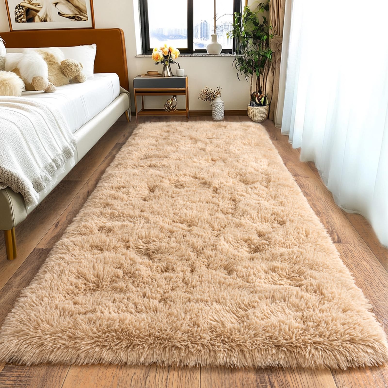 Pionblank Fluffy Runner Rugs for Bedroom 2x6, Camel