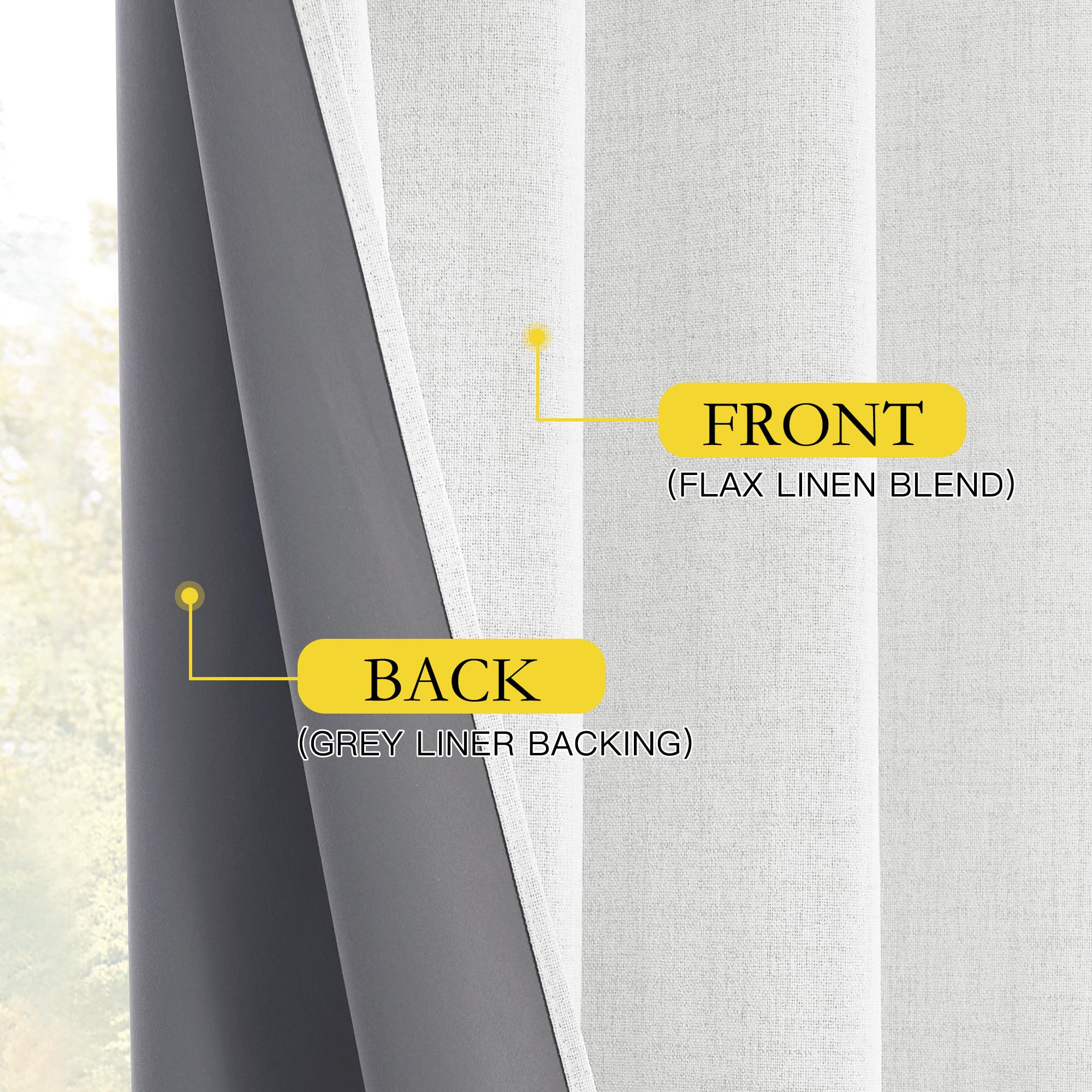 NICETOWN 100% Absolutely Blackout Linen Curtains with Thermal Insulated Grey Liner, Greyish White, 52 inches Wide, 84 inches Length Energy Saving Curtains for Living Room 2 Panels Set, Vertical Blinds