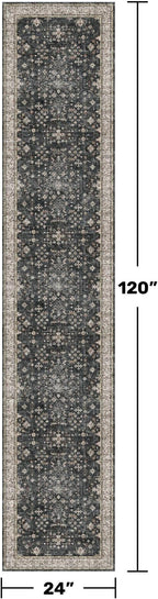 Black Boho Washable 2x10 Hallway Runner Rug - Extra Long Runners for Kitchen, Bathroom, Stair, Non-Slip Floor Carpet Rugs for Large Entryway Indoor, Vintage Multi Ashen Floral Decor
