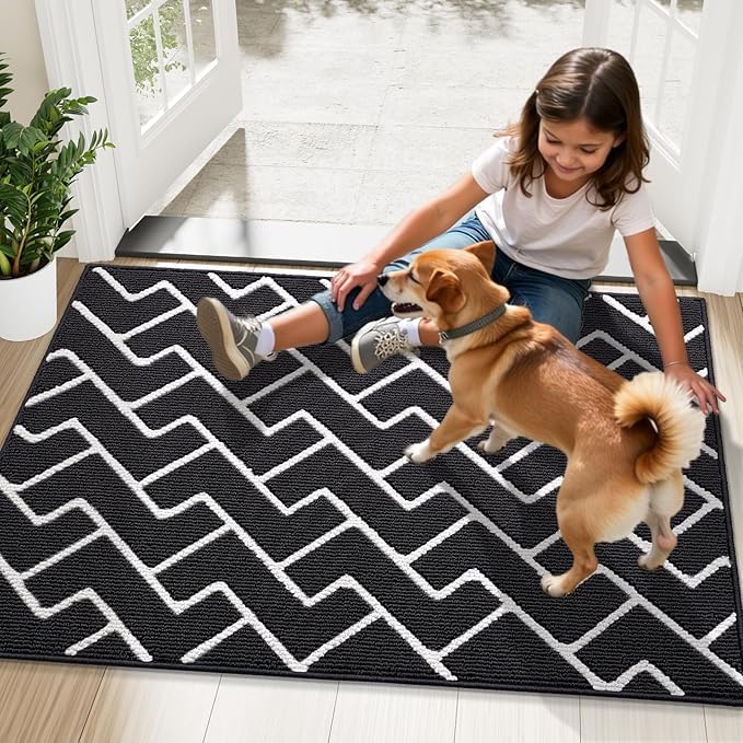 OLANLY Front Door Mat, Non-Slip Rubber Backing, Dirt Resistant and Absorbent, Washable, Easy to Clean Low-Profile Indoor Doormat for Back Door, Entryway, Inside Entrance, 59x35, Deep Black