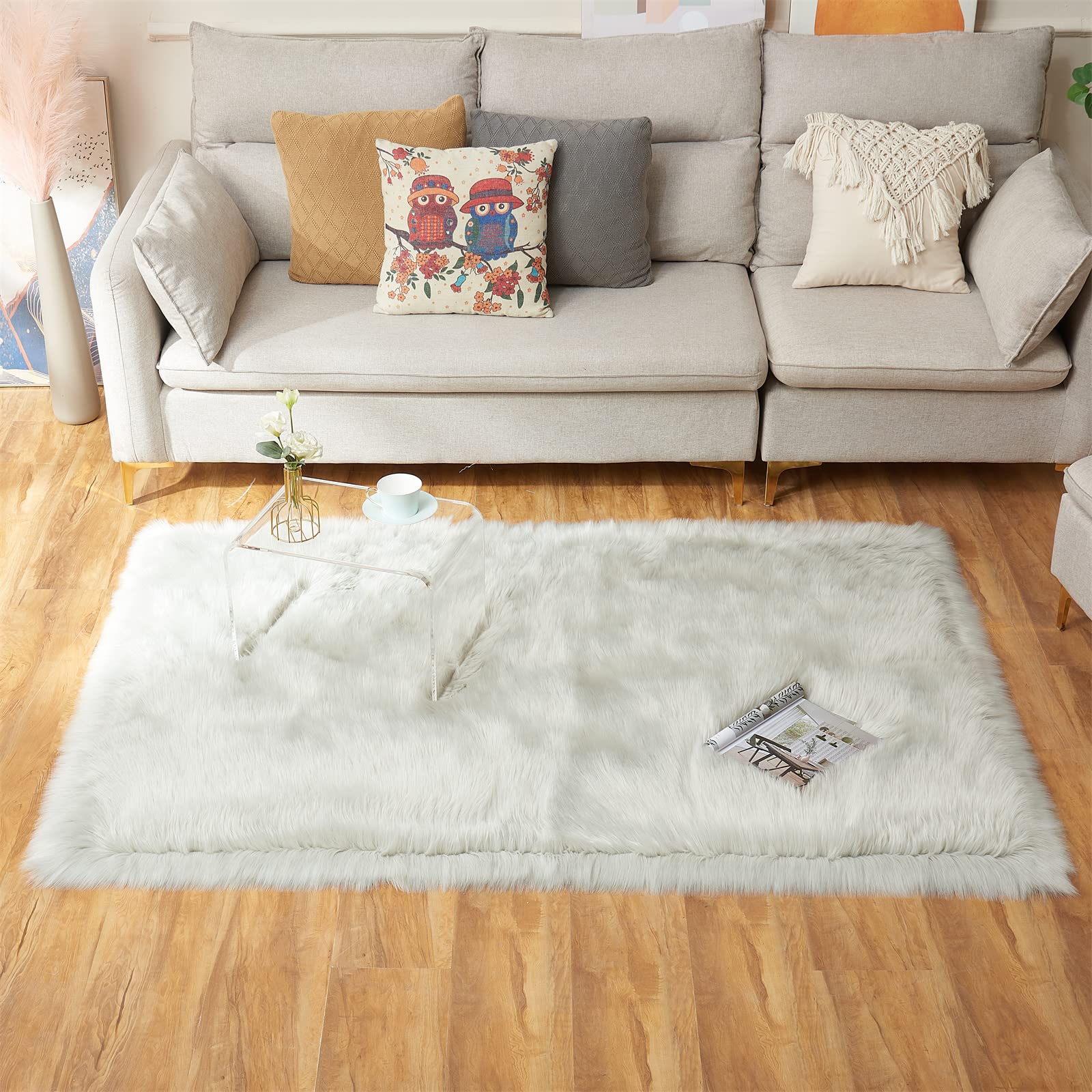 EasyJoy Ultra Soft Fluffy Shaggy Area Rug Faux Fur Rug Chair Cover Seat Pad Fuzzy Area Rug for Bedroom Floor Sofa Living Room (4 x 6 ft Rectangle, Light Grey