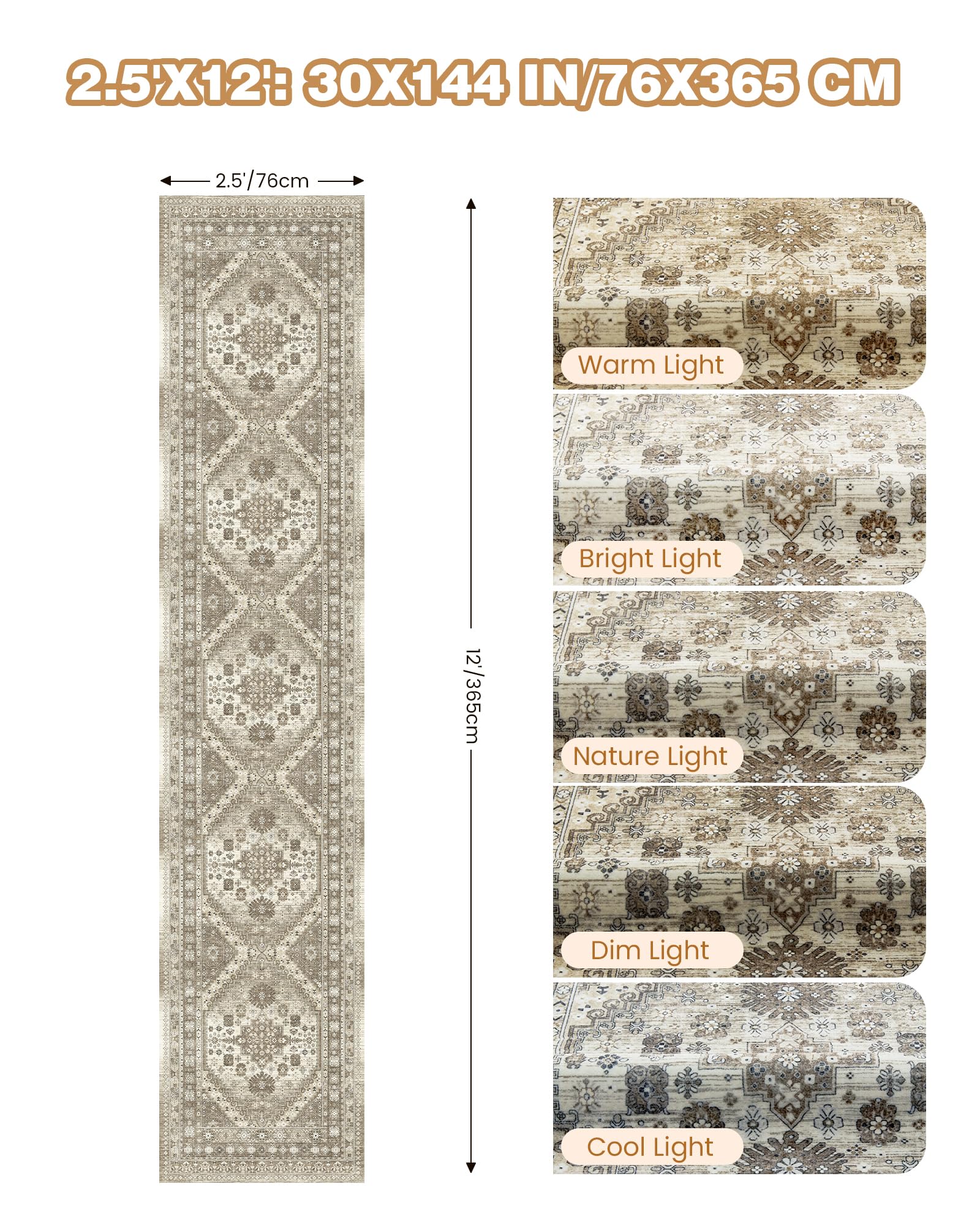 Restydon Runners for Hallway 12ft, Non-Slip Long Bathroom Rugs, Brown