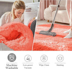 OLANLY Coral Red Round Rugs for Bedroom - Machine Washable, 3 ft Circle Area Rugs for Living Room, Soft and Fluffy Shaggy Carpet for Teen Girl and Boys, Nursery Rooms, Dorms, Home Decor Aesthetic