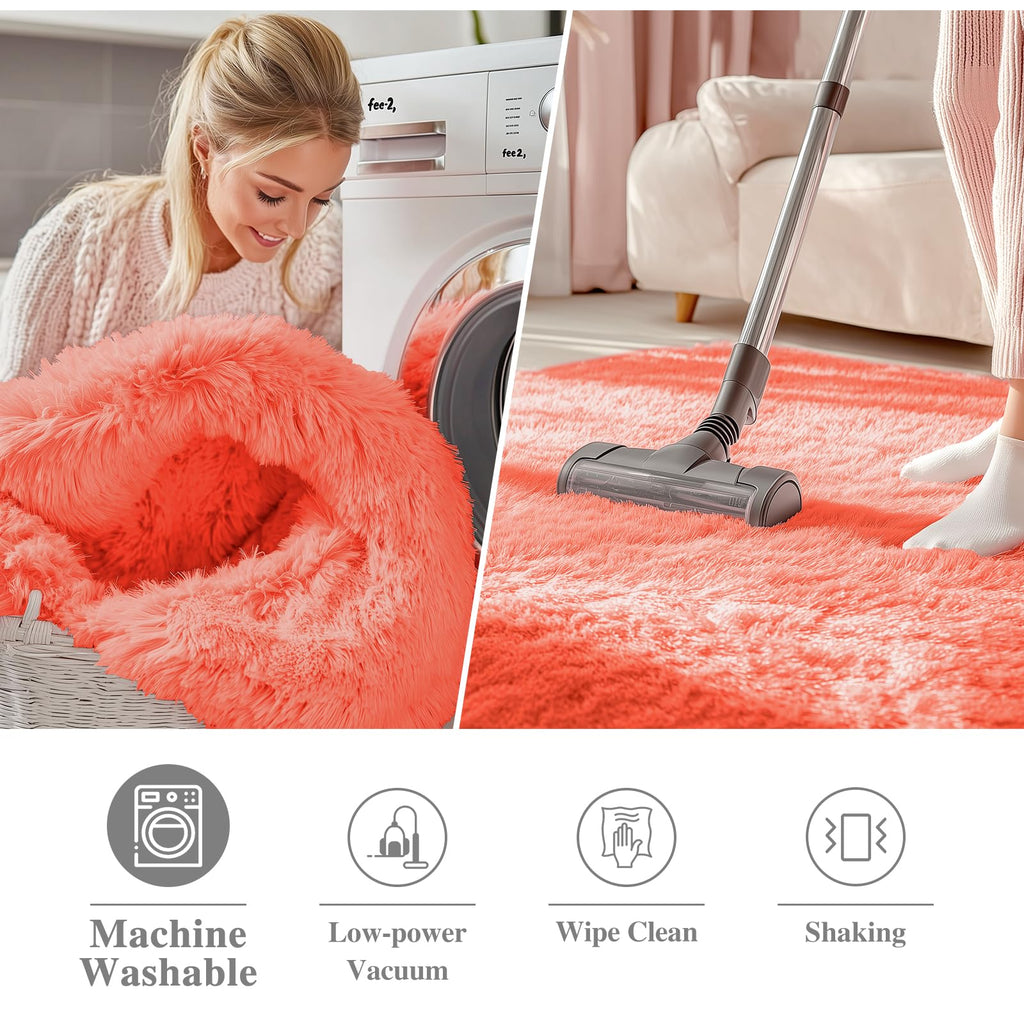 OLANLY Coral Red Round Rugs for Bedroom - Machine Washable, 3 ft Circle Area Rugs for Living Room, Soft and Fluffy Shaggy Carpet for Teen Girl and Boys, Nursery Rooms, Dorms, Home Decor Aesthetic