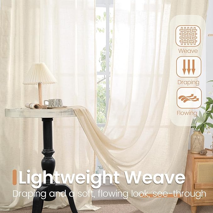 BGment Linen Curtains 102 Inches Long for Living Room, Semi Sheer Light Beige Window Drapes for Bedroom Farmhosue Decor Floor Length with Rod Pocket Leightweight, 2 Panels Set, Each 52 Inch Wide
