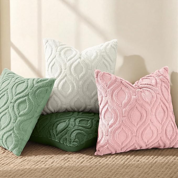 decorUhome Throw Pillow Covers 16x16 Inch Set of 2, Soft Plush Faux Wool Pink Solid Couch Pillow Covers, Accent Farmhouse Neutral Square Pillow Cases for Sofa Bed Living Room