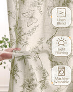 jinchan Floral Linen Curtains for Living Room 63 Inch Length Butterfly Sage Green Floral Curtains French Country Farmhouse Flower Patterned Drapes Window Treatments Set 2 Panels