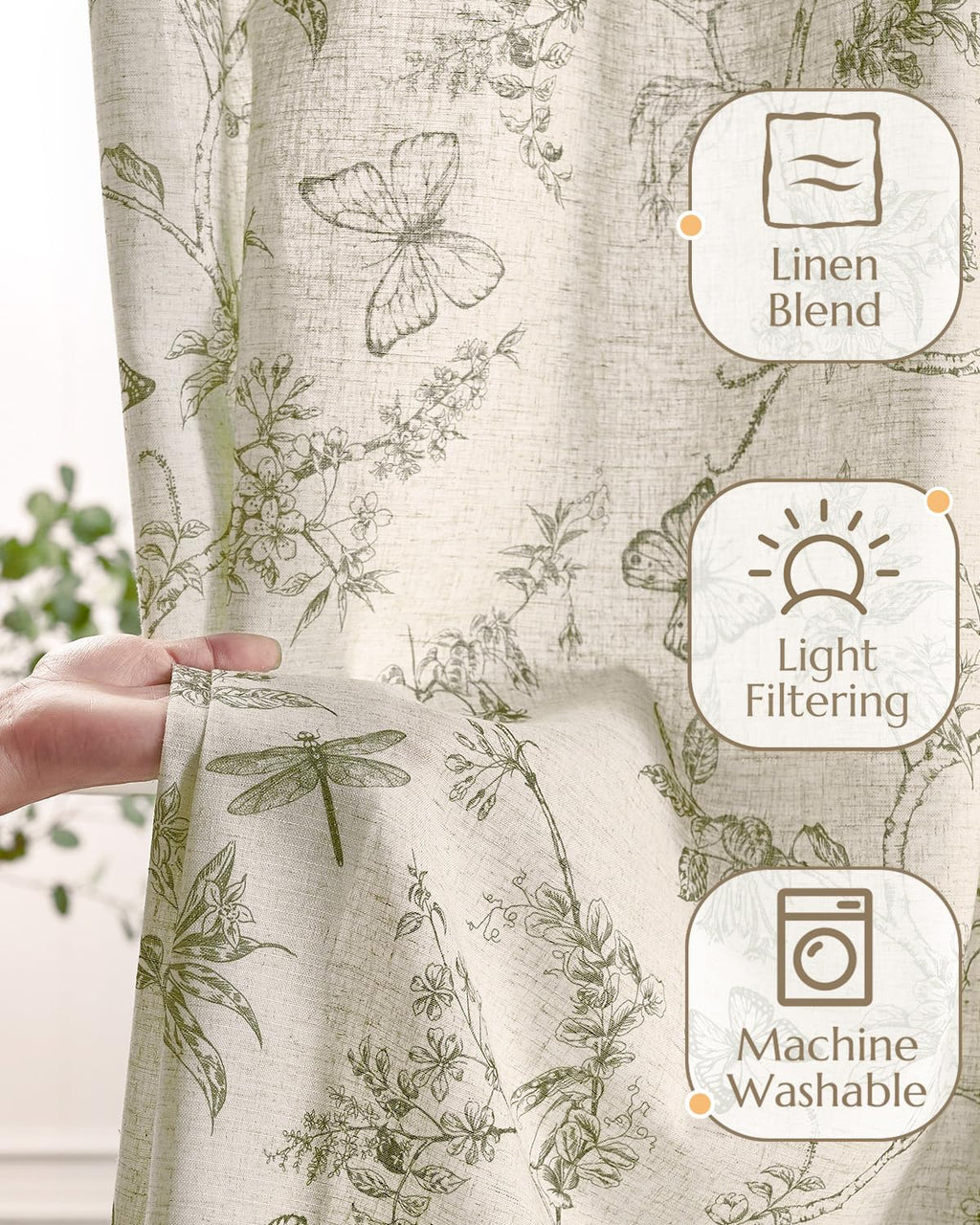 jinchan Floral Linen Curtains for Living Room 84 Inch Length Butterfly Curtain Sage Green Floral Curtains French Country Farmhouse Curtain Flower Patterned Drapes Window Treatment Set 2 Panels