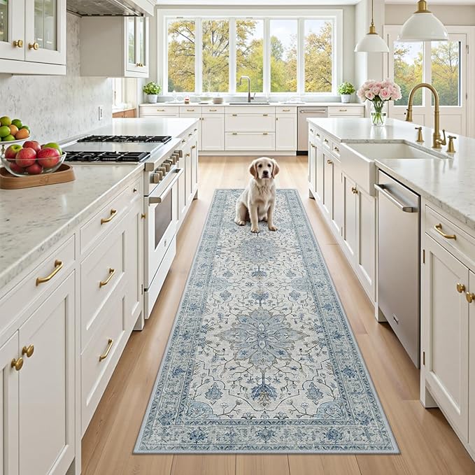 Area Rugs 3'x9' Runner Rug Non Slip Washable for Kitchen Hallway Bedroom Beside Laundry Room Bathroom Rug, Floor Carpet, Light Blue Navy Beige Gray White