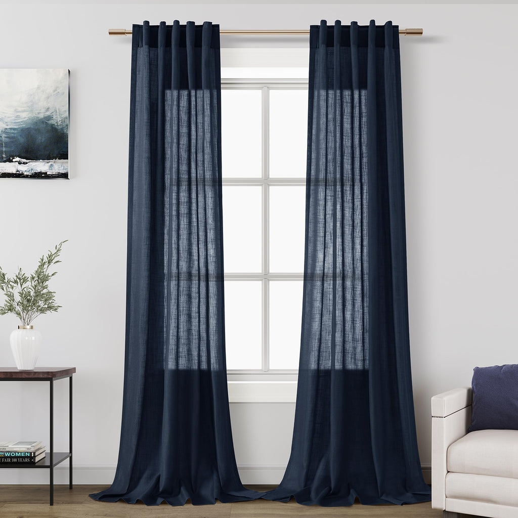 Navy Blue Linen Sheer Curtains 108 Inches Long Back Tab Rod Pocket 2 Panels Semi Sheer Extra Long Curtains Light Filtering Modern Boho Drapes for Living Room Luxury Floor Length Curtain 9Ft 40x108