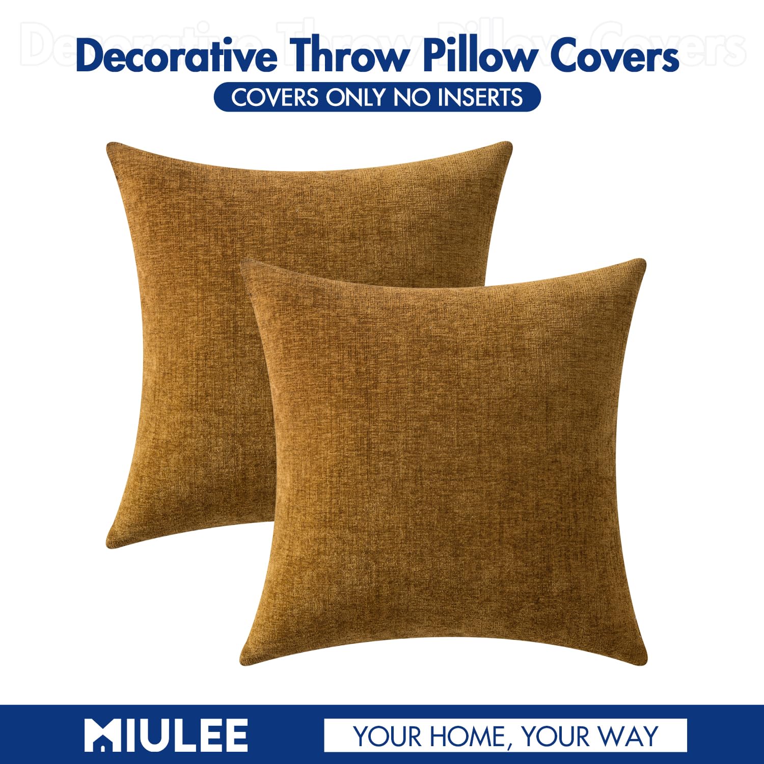 MIULEE Soft Chenille Throw Pillow Covers Mustard 18x18 Inch Pack of 2