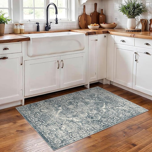 2x3 Washable Area Rug for Entryway: Throw Vintage Neutral Rugs Blue